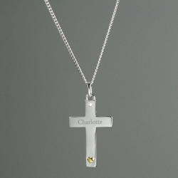 Personalised Sterling Silver Cross with 9ct Gold Heart and CZ Necklace