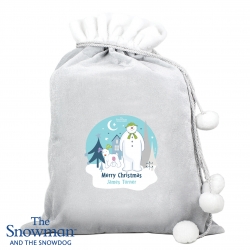 Personalised The Snowman and the Snowdog Luxury Silver Grey Pom Pom Sack