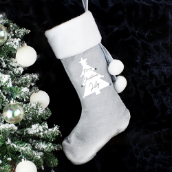 Personalised 'Christmas Tree' Luxury Silver Grey Stocking